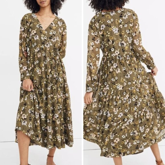 Madewell Dresses & Skirts - MADEWELL | Olive Green Floral Cinched Waist Wildblooms Midi Dress | Size XXSP